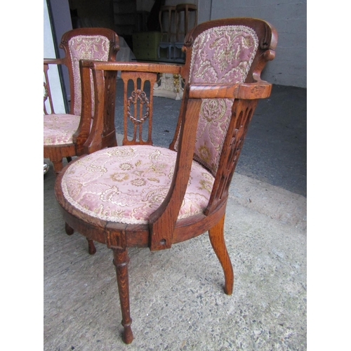 202 - Pair of Antique Carved Tub Frame Armchairs Turned Supports Attractively Detailed