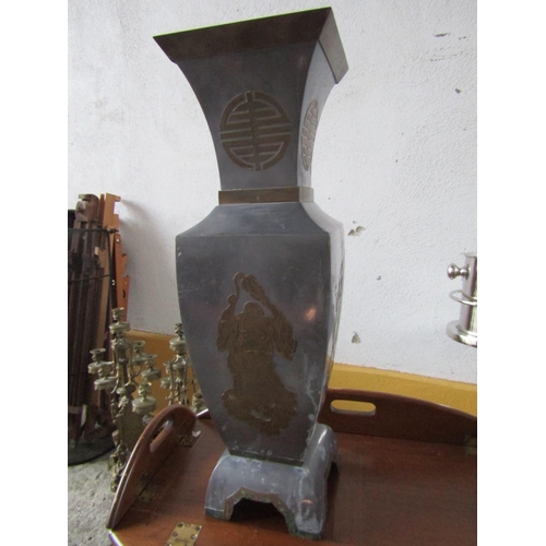 203 - Large Pewter Shaped Form Vase Oriental Motifs Brass Cut Inlaid Approximately 25 Inches High