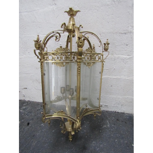 209 - Imposing Cast Brass Glass Panel Inset Statement Hall Lantern Electrified with Wire Fitting Scroll Ar... 