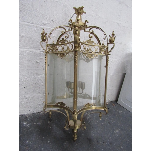 209 - Imposing Cast Brass Glass Panel Inset Statement Hall Lantern Electrified with Wire Fitting Scroll Ar... 