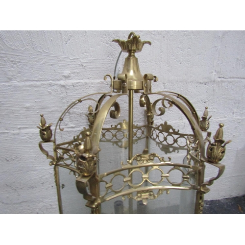 209 - Imposing Cast Brass Glass Panel Inset Statement Hall Lantern Electrified with Wire Fitting Scroll Ar... 