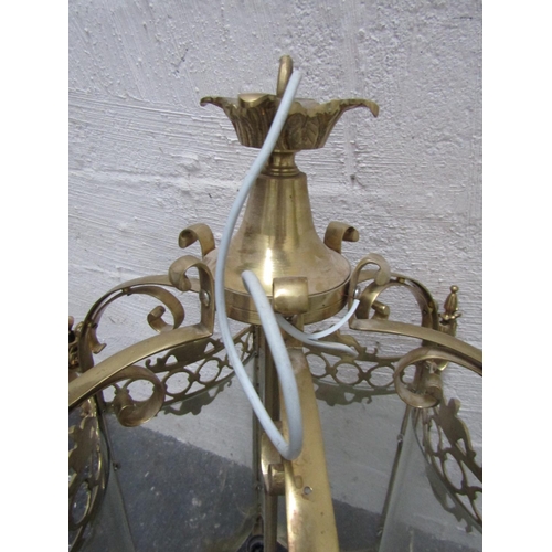 209 - Imposing Cast Brass Glass Panel Inset Statement Hall Lantern Electrified with Wire Fitting Scroll Ar... 