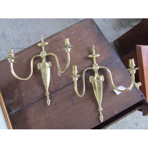 214 - Pair of Cast Brass Wall Sconces Each Approximately 11 Inches High Twin Arms