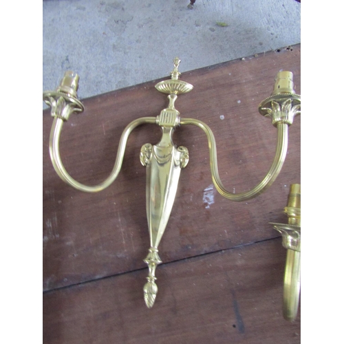 214 - Pair of Cast Brass Wall Sconces Each Approximately 11 Inches High Twin Arms