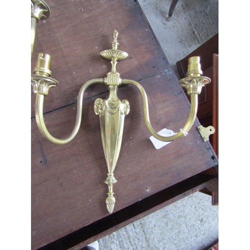 214 - Pair of Cast Brass Wall Sconces Each Approximately 11 Inches High Twin Arms