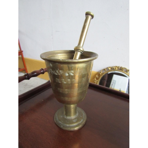 216 - Cast Brass Antique Mortis and Pestle Pedestal Turn Pedestal Base Mortar Approximately 9 Inches High