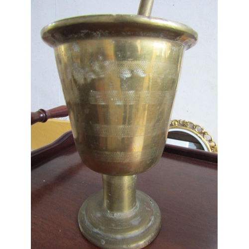 216 - Cast Brass Antique Mortis and Pestle Pedestal Turn Pedestal Base Mortar Approximately 9 Inches High