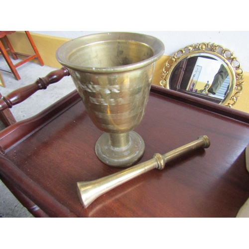 216 - Cast Brass Antique Mortis and Pestle Pedestal Turn Pedestal Base Mortar Approximately 9 Inches High