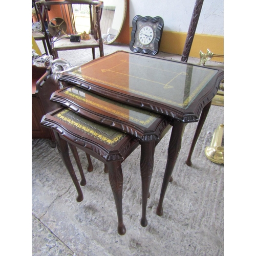 218 - Nest of Three Mahogany Graduated Form Occasional Tables Glazed Top Each with Green Leather Gilt Tool... 