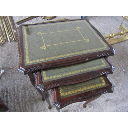 218 - Nest of Three Mahogany Graduated Form Occasional Tables Glazed Top Each with Green Leather Gilt Tool... 