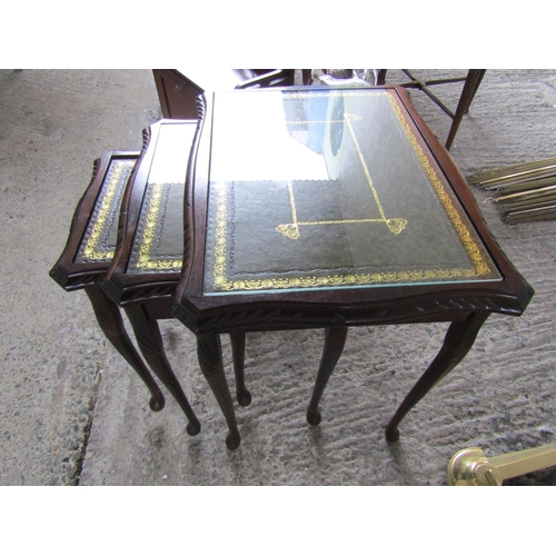 218 - Nest of Three Mahogany Graduated Form Occasional Tables Glazed Top Each with Green Leather Gilt Tool... 