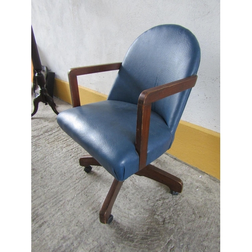 237 - Vintage Blue Leather Upholstered Desk Armchair Good Original Condition Working Order