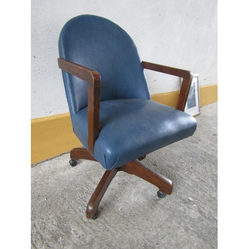 237 - Vintage Blue Leather Upholstered Desk Armchair Good Original Condition Working Order