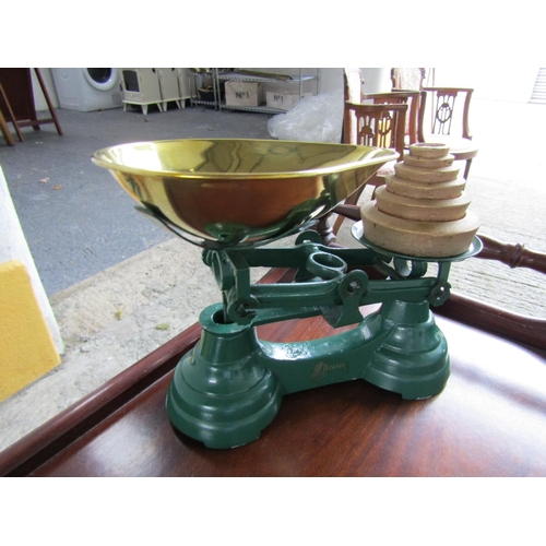 238 - Vintage Librasco Kitchen Scales with Six Graduated Weights Brass Weighing Scoop