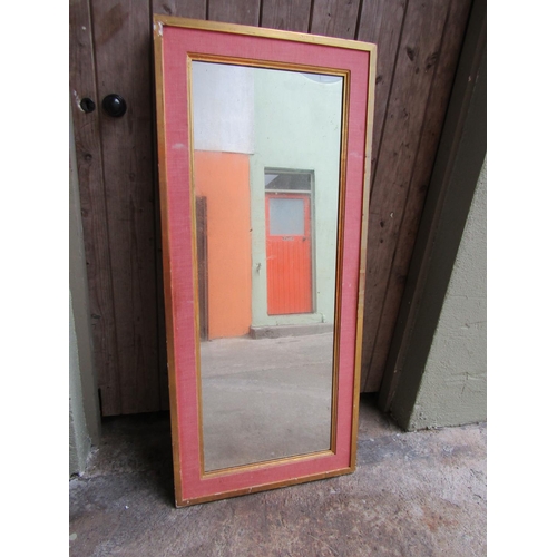 249 - Water gilded Pink Linen Mounted Rectangular Form Wall Mirror Approximately 5ft High x 20 Inches Wide