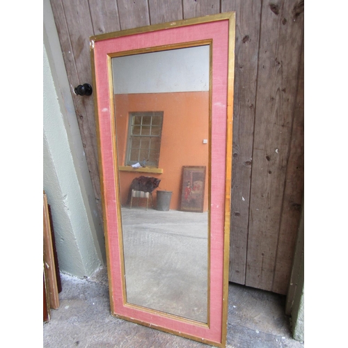 249 - Water gilded Pink Linen Mounted Rectangular Form Wall Mirror Approximately 5ft High x 20 Inches Wide