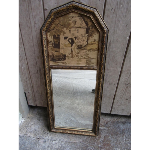 251 - Gilded Shaped Form Wall Mirror Tapestry Inset Panel to Top Approximately 2ft 6 Inches High