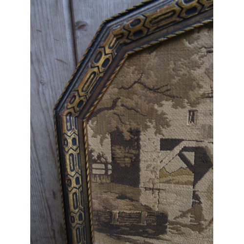 251 - Gilded Shaped Form Wall Mirror Tapestry Inset Panel to Top Approximately 2ft 6 Inches High