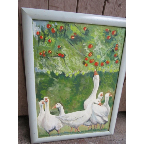 263 - Original Oil Painting Geese In Orchard Approximately 32 Inches High x 21 Inches Wide