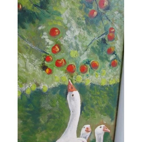 263 - Original Oil Painting Geese In Orchard Approximately 32 Inches High x 21 Inches Wide