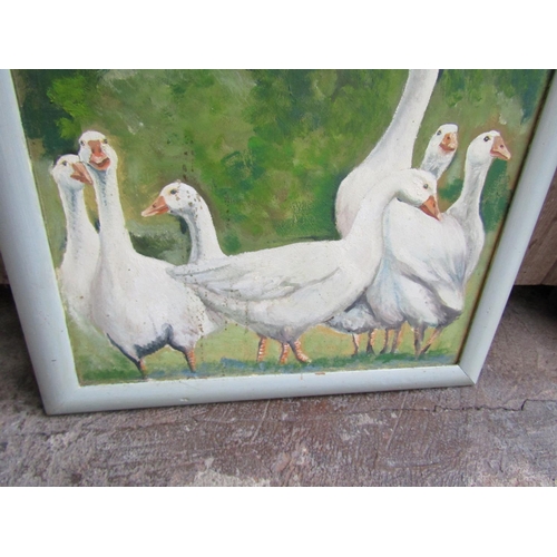 263 - Original Oil Painting Geese In Orchard Approximately 32 Inches High x 21 Inches Wide