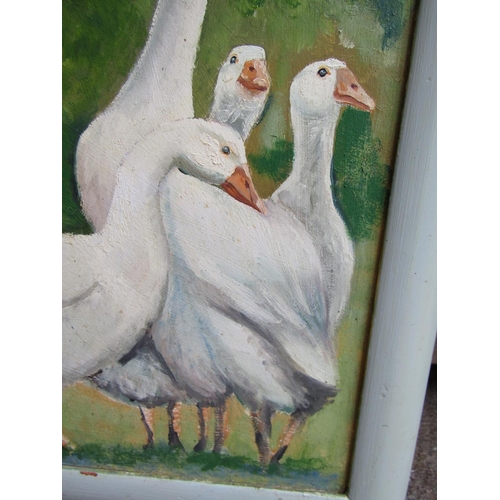 263 - Original Oil Painting Geese In Orchard Approximately 32 Inches High x 21 Inches Wide