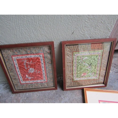 272 - Two Framed Embroidered Silk Oriental Panels Finely Detailed Each Approximately 12 Inches High x 10 I... 