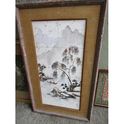 273 - Unusual Hand Painted Fired and Glazed Composition Oriental Lake Scene with Mountain Beyond Approxima... 