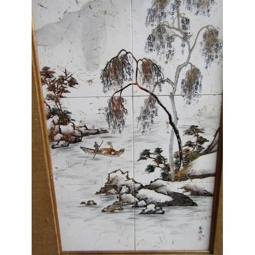 273 - Unusual Hand Painted Fired and Glazed Composition Oriental Lake Scene with Mountain Beyond Approxima... 