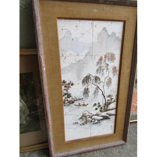 273 - Unusual Hand Painted Fired and Glazed Composition Oriental Lake Scene with Mountain Beyond Approxima... 