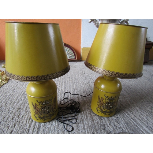 281 - Pair of Ochre Ground Toile Ware Table Lamps Electrified Working Order with Hand Painted Decoration E... 