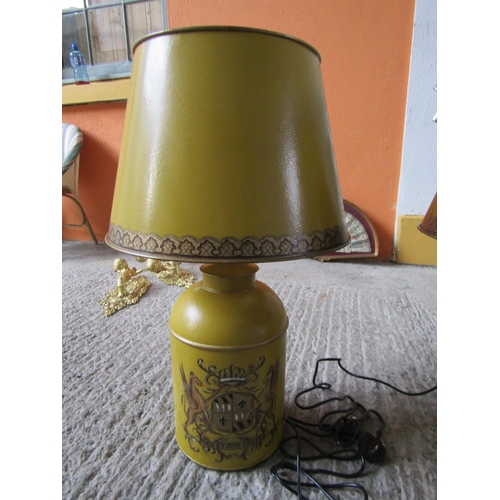 281 - Pair of Ochre Ground Toile Ware Table Lamps Electrified Working Order with Hand Painted Decoration E... 