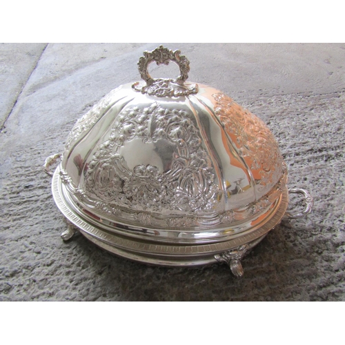 282 - Large Silver Plated Embossed Decorated Food Cover with Finely Detailed Decoration Throughout good Or... 