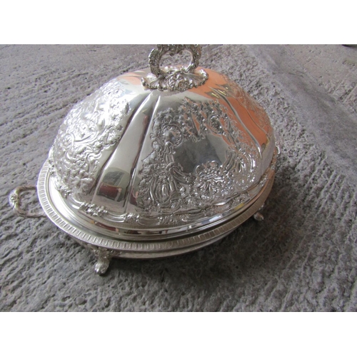 282 - Large Silver Plated Embossed Decorated Food Cover with Finely Detailed Decoration Throughout good Or... 