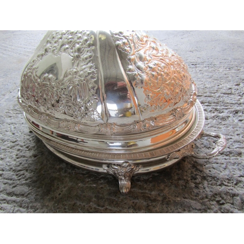 282 - Large Silver Plated Embossed Decorated Food Cover with Finely Detailed Decoration Throughout good Or... 