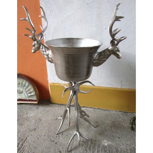 283 - Stag Motif Antler Decorated Silver Wine Cooler on Stand Approximately 48 Inches High