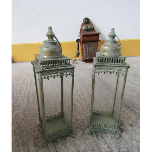 286 - Pair of Metal Framed Cake Storm Lanterns Each Approximately 20 Inches High