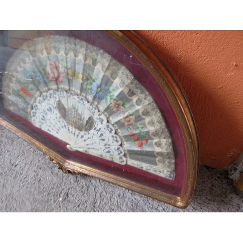 287 - Framed Antique Fan Hand Painted Floral Motifs Case Approximately 20 Inches Wide