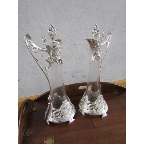 290 - Large Pair of Silver Plated Mounted Crystal Table Carafes Finely Detailed Each Approximately 18 Inch... 