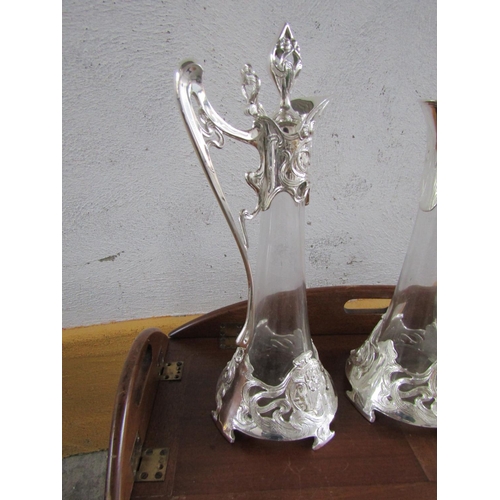 290 - Large Pair of Silver Plated Mounted Crystal Table Carafes Finely Detailed Each Approximately 18 Inch... 