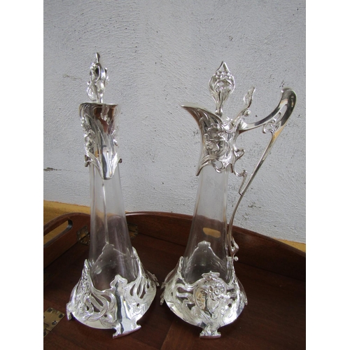 290 - Large Pair of Silver Plated Mounted Crystal Table Carafes Finely Detailed Each Approximately 18 Inch... 