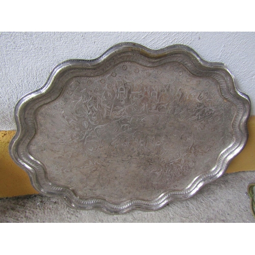 291 - Engraved Silver Plated Serving Tray Shaped Form Approximately 2ft Wide