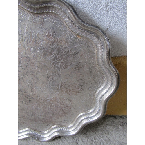 291 - Engraved Silver Plated Serving Tray Shaped Form Approximately 2ft Wide