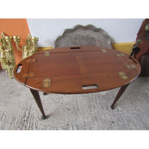 292 - Mahogany Military Campaign Table Shaped Supports Approximately 22 Inches Wide x 10 Inches Deep When ... 