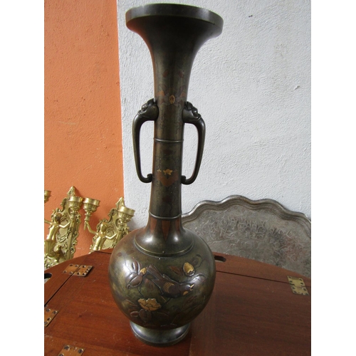 293 - Antique Japanese Vase Bronze with Gilded Decoration Slender Neck Form Approximately 22 Inches High