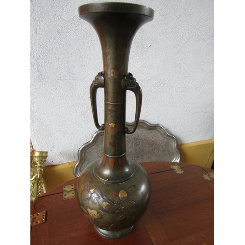 293 - Antique Japanese Vase Bronze with Gilded Decoration Slender Neck Form Approximately 22 Inches High