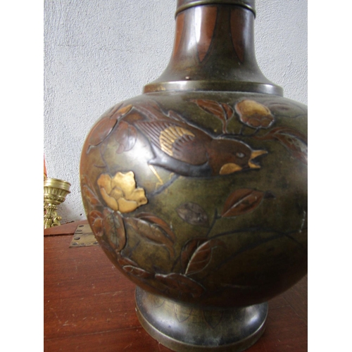 293 - Antique Japanese Vase Bronze with Gilded Decoration Slender Neck Form Approximately 22 Inches High