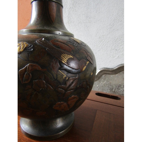 293 - Antique Japanese Vase Bronze with Gilded Decoration Slender Neck Form Approximately 22 Inches High