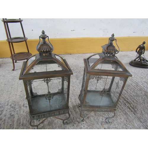 299 - Pair of Metal Framed Glass Inset Candle Storm Lanterns Shaped Supports Each Approximately 28 Inches ... 