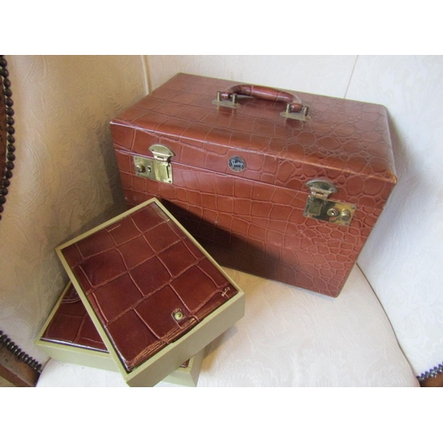 303 - Ladies Leather Bound Travelling Case with Inner Mirror and Two Further Leather Boxes Cosmetics and J... 